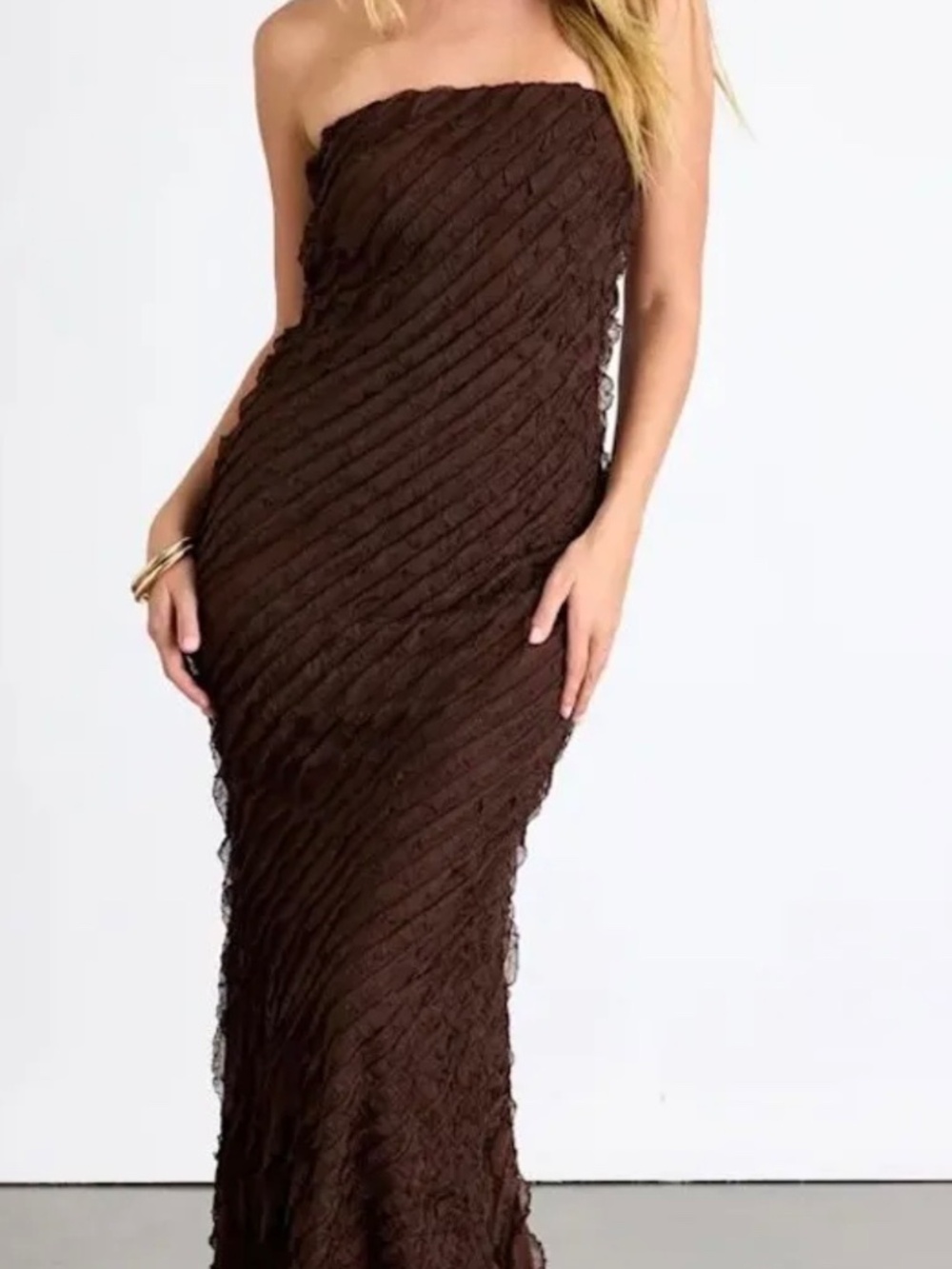 Lulus Faelyn Brown Strapless Ruffled Midi Dress